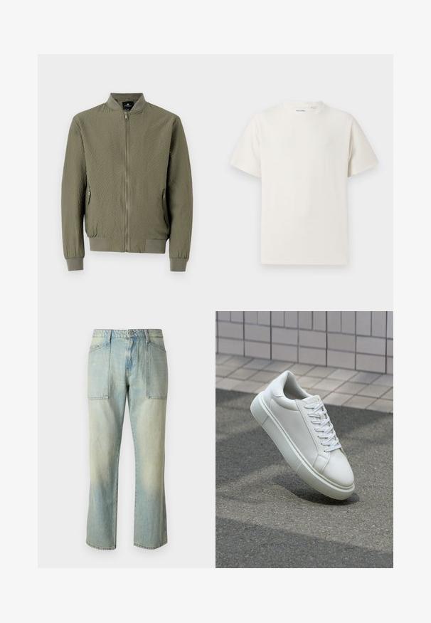 Casaco bomber verde-oliva com uma superfície texturizada, punhos e gola canelados, e fecho frontal com zíper. Apresenta dois bolsos laterais.; T-shirt branco de manga curta em textura canelada. Gola redonda, ajuste descontraído, sem padrões ou detalhes visíveis. Design simples e versátil.; Jeans de ganga azul claro com corte reto, costura visível e dois grandes bolsos frontais. O tecido tem uma textura desbotada.; Tênis de couro branco com superfície lisa, bico redondo e cadarços brancos planos. Apresenta uma sola de borracha texturizada e elementos de design minimalistas.