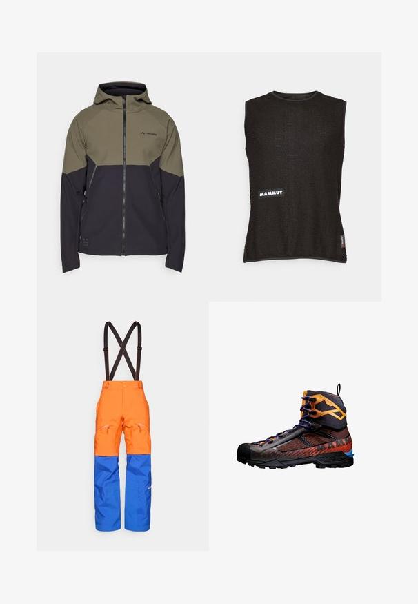 Hooded jacket featuring an olive green and dark navy color block design, made of stretchable fabric with zippered pockets and logo accent.; Sleeveless black top with textured material, featuring a white "Mammut" logo and a small red accent tag on the side, rounded neckline.; Orange and blue waterproof pants with black adjustable suspenders, front zippered pockets, and reinforced knee panels for outdoor activities.; Black and orange hiking boot with mesh and rubber materials. Features blue accents, textured patterns, and a high ankle design for support.