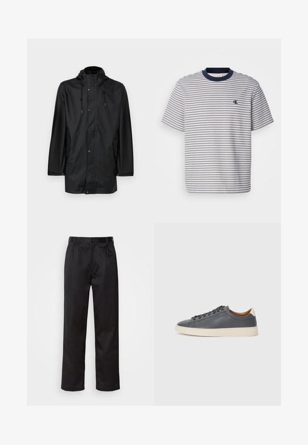 Fekete vízálló esőkabát kapucnival, elülső patent gombos záródással és oldalsó zsebekkel, sima, könnyű anyagból készült.; Csíkos pamut póló tengerészkék gallérral és mandzsettákkal, vízszintes kék és fehér csíkokkal; kis hímzett logó a mellrészen.; Fekete nadrág sima anyagból, elülső gombos záródással, redőkkel és egyenes szárral. Nincsenek látható minták vagy díszítések.; Szürke bőr sportcipő kerek orral, gumitalppal, lapos fűzőkkel és világos színű részletekkel a sarkán. Simás textúrával és minimalista dizájnnal rendelkezik.