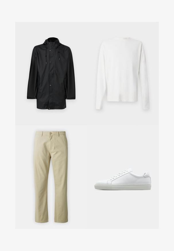 Sort vandafvisende regnfrakke med hætte, der har en frontlukkefunktion med trykknapper og sidelommer, lavet af glat og let stof.; Langærmet hvid bomulds skjorte med rund halsudskæring, sideslids i bunden og en glat overflade, vist bagfra.; Beige bomuldsbukser med lige ben-design, frontlukning med knap og bæltestropper. Glat tekstur, ingen synlige mønstre eller accenter.; Hvide sneakers med en glat læderoverdel og lav profil. Har en rund tå, seks snørehuller og en tekstureret gummisål.