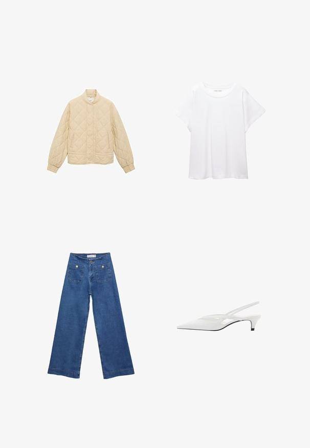 Prešita jakna v svetli bež barvi z visokim ovratnikom, elastičnimi manšetami in dvema sprednjima žepoma. Ima rombast vzorec po celotni tkanini.; Bela majica s kratkimi rukavi, izdelana iz mehkega in lahkega blaga. Ima okroglo ovratnico ter kratke, široke rokave z udobnim krojem. Brez vidnih vzorcev.; Jeans širokih nogavic iz denima z medenim modrim pranjem, dvema sprednjima žepoma z gumbnimi zaprtji in šivanjem ob robovih.; Bela slingback peta z ošiljenim nosom, z gladkim zgornjim delom, subtilnimi izrezi in nizkim blok petkom. Črna podplat poudarja dizajn.