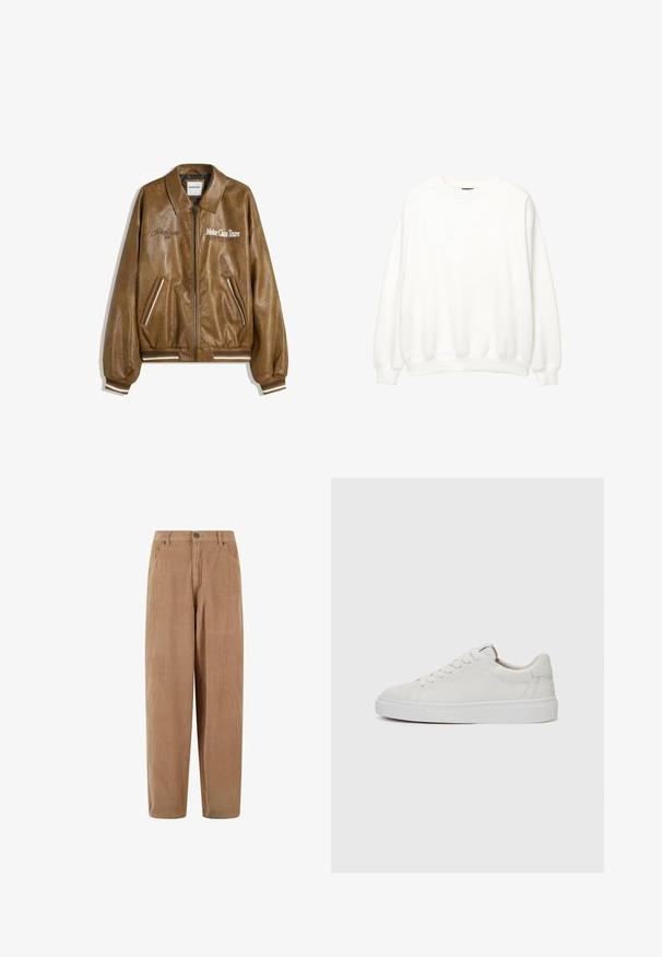 Smeđa kožna bomber jakna s strukturiranom površinom, rebrastim manžetama i rubom. Sadrži grafiku "Motor Class Team" i prugaste akcentne detalje na džepovima.; Bijela majica s dugim rukavima, okrugli izrez, opušteni kroj. Mekani materijal s rebrastim manžetama i donjim rubom. Minimalistički dizajn, bez vidljivih logotipa ili uzoraka.; Pantalone od kordura svijetlosmeđe boje sa ravnim krojem, s kopčanjem na gumb i bočnim džepovima, teksturirana rebrasta površina.; Bijele kožne niske tenisice s okruglim vrhom, ravnim bijelim gumenim potplatom i minimalističkim detaljima šavova. Pertle osigurane kroz šest rupica.