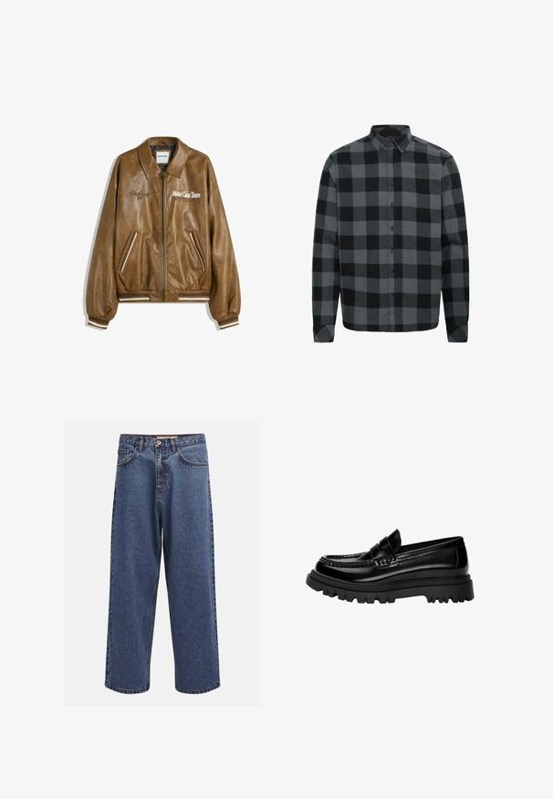 Ruskea nahkapusero, jossa on tekstuuripinta, ribbitetyt hihansuut ja helma. Ominaisuuksia ovat "Motor Class Team" -grafiikat ja raidalliset yksityiskohdat taskuissa.; Harmaa ja musta ruudullinen flanellipaita, jossa pitkät hihat, nappikaulus ja etunapit. Pehmeä rakenne ja rento malli.; Vaaleat siniset farkut, joissa on leveät lahkeet ja haalistunut pinta. Niissä on napitettava etusuljin, viisi taskua ja eriväristä tikkausta saumoissa.; Musta kiiltävä nahkainen loaferi, jossa on teksturoitu hihna, varustettu paksulla mustalla kumipohjalla, jossa on syvät urat ja klassinen mokkasiinimuotoilu.