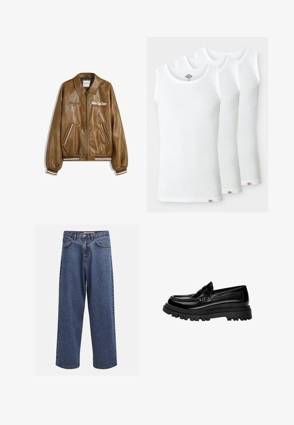 Hnedá kožená bombardérka s textúrovaným povrchom, pruhovanými manžetami a lemom. Obsahuje grafiku "Motor Class Team" a pruhované akcenty na vreckách.; Tri biele tank topy vyrobené z rebrovanej bavlny. Každý má okrúhly výstrih a malú logo etiketu na leme. Klasický, jednoduchý dizajn.; Džínsy s širšími nohavicami v modrej farbe s vyblednutým povrchom, s našitými gombíkmi, piatimi vreckami a kontrastným prešívaním na švoch.; Čierne lesklé kožené mokasíny s textúrovaným pásikom, s robustnou čiernou gumovou podrážkou s hlbokými vzorkami a klasickým dizajnom mokasín.