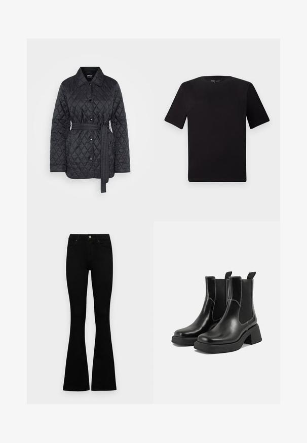 Črn prešita jakna z pasom na vezanje, gumbom za zapiranje in ovratnikom. Ima teksturo s členastim vzorcem in ravne rokave.; Črna majica s kratkimi rokavi in okroglim izrezom, izdelana iz mehkega bombažnega materiala. Preprost dizajn, brez vidnih logotipov ali vzorcev.; Črne visokotopne kavbojke z gumbom in zadrgo, sprednjimi žepi in razširjenimi hlačnicami, poleg bel background.; Črne usnjene Chelsea škornje s širokim petami, elastičnimi stranskimi ploščami in kontrastnim belim šivanjem. Teksturirana površina.