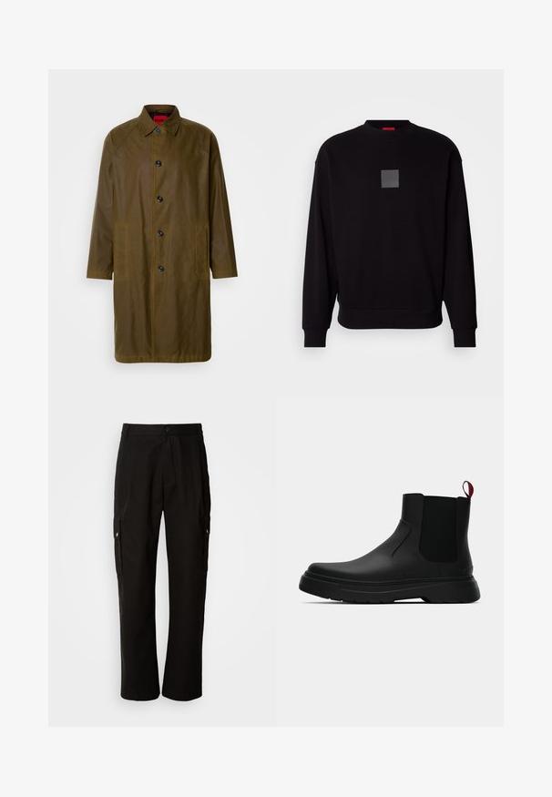 Olive zöld vízálló kabát, egyenes szabással, gombos záródással, oldalsó zsebekkel és galléros nyakkal. Simább textúrával rendelkezik.; Fekete pulóver hosszú ujjal, kerek nyakkivágással, elülső szürke négyzet logóval, puha tapintással, valamint bordázott mandzsettákkal és szegéllyel.; Fekete vászont nadrág laza szabással, oldalsó zsebekkel, gombos záródással és egyenes lábakkal. Egyszerű minta nélküli design.; Fekete bokacipő sima felülettel, ruganyos oldalsó panelek és kontrasztos piros húzópánt jellemzi, vastag gumitalppal és lekerekített orral.
