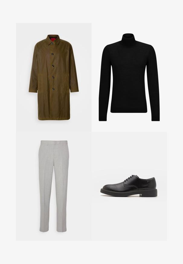 Khaki voděodolný kabát s rovnýcm střihem, zapínáním na knoflíky, bočními kapsami a límcovým výstřihem. Má hladkou texturu.; Černý rolák vyrobený z měkkého materiálu, s dlouhými rukávy a těsným střihem. Hladký lem na spodním okraji a manžetách. Jednoduchý design.; Světle šedé kalhoty s hladkou texturou, plochým předním dílem a rovnými nohavicemi. Vyrobené z prodyšného materiálu, obsahující vnitřní kapsy a poutka na opasek.; Černé kožené šněrovací boty s kulatou špičkou, hladkým povrchem, minimálním prošíváním a nízkým gumovým podpatkem. Logo na patě.