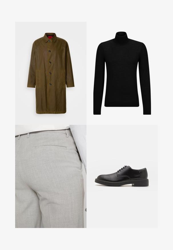 Khaki voděodolný kabát s rovnýcm střihem, zapínáním na knoflíky, bočními kapsami a límcovým výstřihem. Má hladkou texturu.; Černý rolák vyrobený z měkkého materiálu, s dlouhými rukávy a těsným střihem. Hladký lem na spodním okraji a manžetách. Jednoduchý design.; Světlounce šedé kalhoty na míru z texturované látky, s jednou zadní kapsou a čistým prošitím.; Černé kožené šněrovací boty s kulatou špičkou, hladkým povrchem, minimálním prošíváním a nízkým gumovým podpatkem. Logo na patě.