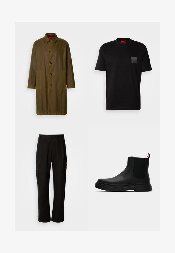 Olivgrüner, wasserfester Mantel mit geradem Schnitt, Knopfverschluss, seitlichen Taschen und Kragen. Hat eine glatte Textur.; Schwarzes Baumwoll-T-Shirt mit Rundhalsausschnitt, versehen mit einem strukturierten schwarzen Patch mit Logo auf der linken Brust. Kurze Ärmel und entspannter Schnitt.; Schwarze Cargo-Hosen aus Baumwolle mit lockerem Schnitt, seitlichen Taschen, Knopfverschluss und geradem Bein. Einfaches Design ohne Muster.; Schwarze Knöchelstiefel mit glatter Oberfläche, elastischen Seitenpaneelen und einem kontrastierenden roten Zuglasche, ausgestattet mit einer dicken Gummisohle und einer runden Zehenpartie.