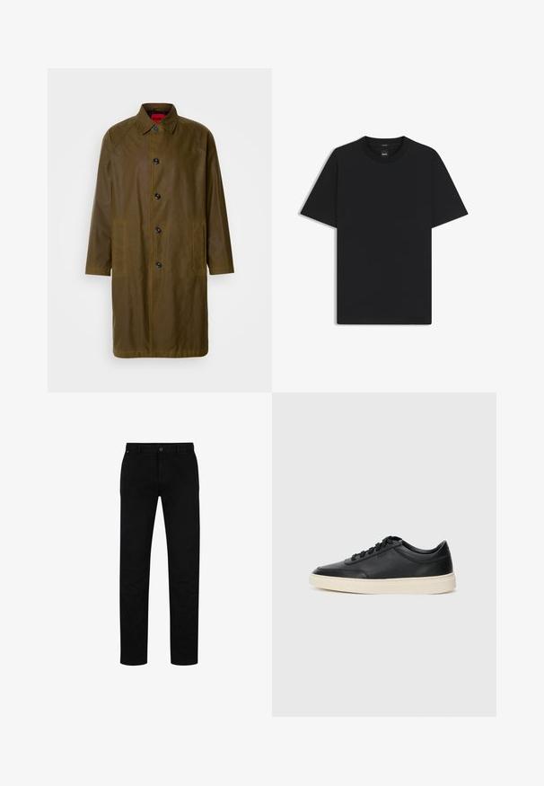 Olijfgroen waterdichte overjas met een rechte snit, knoopsluiting, zijzakken en een kraag. Beschikt over een zachte textuur.; Zwarte korte mouwen T-shirt van een gladde katoenmix, met een ronde halslijn en een minimalistisch ontwerp zonder patronen of accenten.; Zwarte katoenen broek met een rechte pasvorm, voorzien van een knoopsluiting, riemlussen en een minimalistisch ontwerp. Glad van structuur, zonder patronen.; Zwarte leren sneaker met lage schacht, zwarte veters en off-white zool, weergegeven in zijprofiel op een witte achtergrond.