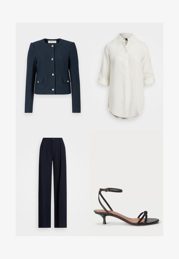 Chaqueta de mezcla de lana en color azul marino con cuello redondo, mangas largas, cuatro cierres de botón plateado y dos bolsillos frontales. Tejido texturizado.; Camisa de lino blanca con un diseño de botones, mangas cortas enrolladas, cuello y dobladillo redondeado. Presenta botones de colores claros.; Pantalones de pierna ancha en color marino con pliegues, cierre de botón y una textura de tela suave. Diseñados para un ajuste suelto y cómodo.; Polo Ralph Lauren LEATHER KITTEN-HEEL SANDAL - Tacones - black