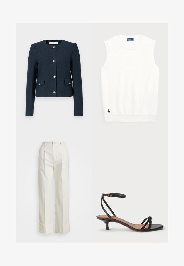 Mornarska jakna od vune s mješavinom pamuka, okruglim izrezom, dugim rukavima, četiri srebrna gumba za zatvaranje i dva prednja džepa. Tekstuirana tkanina.; Bijela bezrukavna majica izrađena od glatkog pamuka, s rebrastim donjim rubom i malim mornarsko plavim logotipom na donjoj lijevoj strani. Jednostavan dizajn, bez uzoraka.; Bijele krojene hlače s visokim strukom, dvostrukim prednjim naborima i širokim nogavicama sa preklopnim manžetama. Izrađene od glatke, teksturirane tkanine.; Polo Ralph Lauren LEATHER KITTEN-HEEL SANDAL - Klasične cipele s visokom petom - black