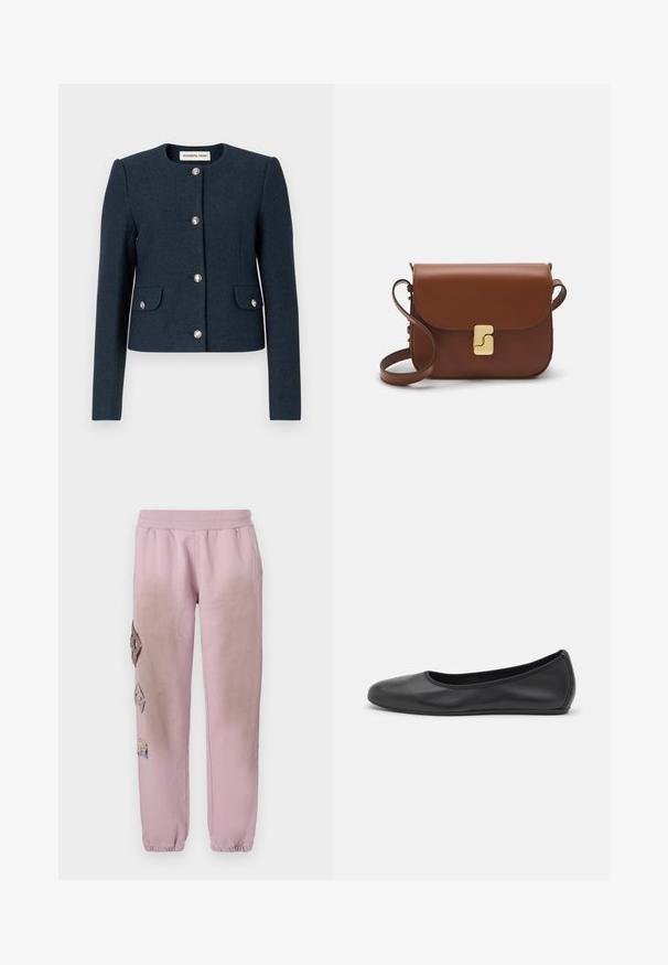 Sötétkék gyapjúkeverék zakó, kerek nyakkal, hosszú ujjakkal, négy ezüstgombos záródással és két elülső zsebbel. Texturált anyag.; Fehér, rövid ujjú póló ribbed anyagból. Kerek nyakkivágás, normál szabás és diszkrét varrási részletek. Nincsenek minták vagy grafikák.; Rózsaszín melegítőnadrág elasztikus derékkal, bal oldalon gyémánt alakú dekoratív foltokkal és elasztikus szárakkal az bokákon.; Fekete bőr balettcipő lekerekített orral, sima tekstúrával, minimális varrással és rugalmas talp kialakítással.; Barna bőr kézitáska, hajtókás zárással, arany színű fém kiegészítőkkel, vállpánttal és sima felülettel. Kompakt téglalap alakú.