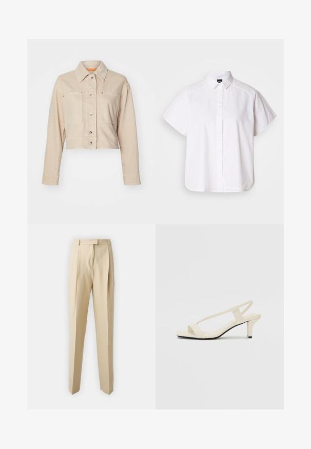 Chaqueta de mezclilla beige recortada con collar en punta, dos bolsillos frontales, botones a presión plateados y detalle de forro naranja.; Camisa blanca de manga corta con botones, cuello con puntas y dobladillo curvado. Fabricada en algodón con una textura suave y sin patrones visibles.; Pantalones beige ajustados con corte recto, con pliegues, cinturilla y una textura suave. Sin bolsillos visibles ni adornos.; Sandalias de tacón cuadrado en color beige con tiras delgadas y punta cuadrada. Material suave con un diseño minimalista, diseñado para facilitar su uso.