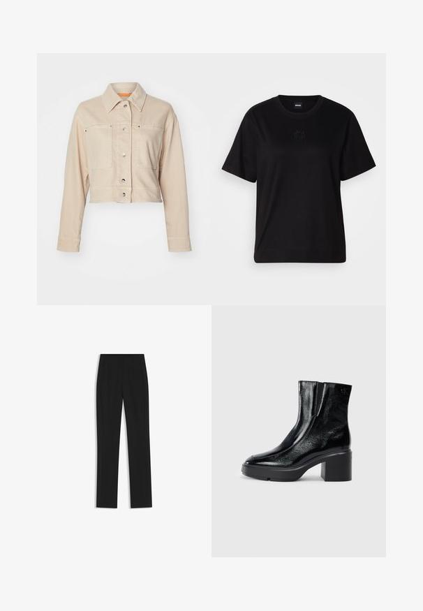 Cropped beige denim jacket with a point collar, two front pockets, silver snap buttons, and orange inner lining detail.; Black cotton t-shirt with a crew neckline, short sleeves, and an embroidered logo on the chest. Simple, relaxed fit with no patterns.; Black tailored trousers with a straight-leg design, featuring front pockets and a smooth, textured fabric. Neat, minimal detailing.; Black patent leather ankle boots with a curved toe, elastic side panels, and a chunky block heel. Features embossed logo on the back.