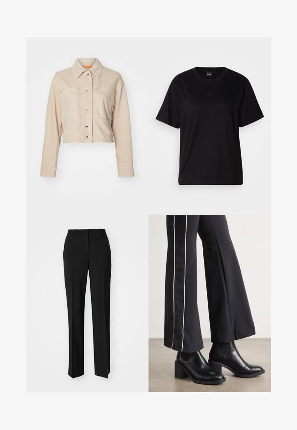 Giacca di jeans beige a maniche corte con colletto a punta, due tasche frontali, bottoni a pressione argentati e dettagli di fodera interna arancione.; Maglietta in cotone nera con scollatura tonda, maniche corte e logo ricamato sul petto. Design semplice e vestibilità rilassata senza motivi.; Pantaloni neri su misura con un design a gamba dritta, caratterizzati da una texture liscia e pieghe ben definite sul davanti. Senza hardware visibile.; Stivaletti in pelle nera con tacco a blocco, dotati di pannelli elastici sui lati. Abbinati a pantaloni neri con una striscia bianca laterale.