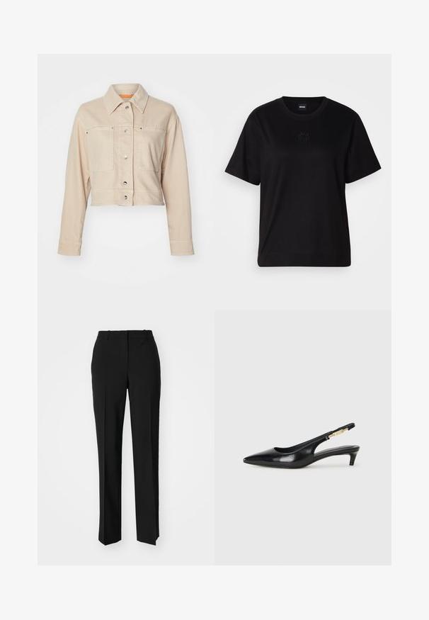 Lyhyesti leikattu beige farkkutakki, jossa on kärjellinen kaulus, kaksi etutaskua, hopeiset nepparit ja oranssi vuoridetali.; Musta puuvillapaita, jossa on pyöreä kaula-aukko, lyhyet hihat ja brodeerattu logo rinnassa. Yksinkertainen, rento istuvuus ilman kuvioita.; Mustat räätälöidyt housut suoraa lahjetta, joissa on sileä pinta ja terävät taitteet edessä. Ei näkyvää metalliosaa.; Mustat nahkaiset slingback-korkokengät, joissa on terävä kärki, ohuet korot ja kultasävytteinen yksityiskohta säädettävässä hihnassa. Silkkinen pinta.