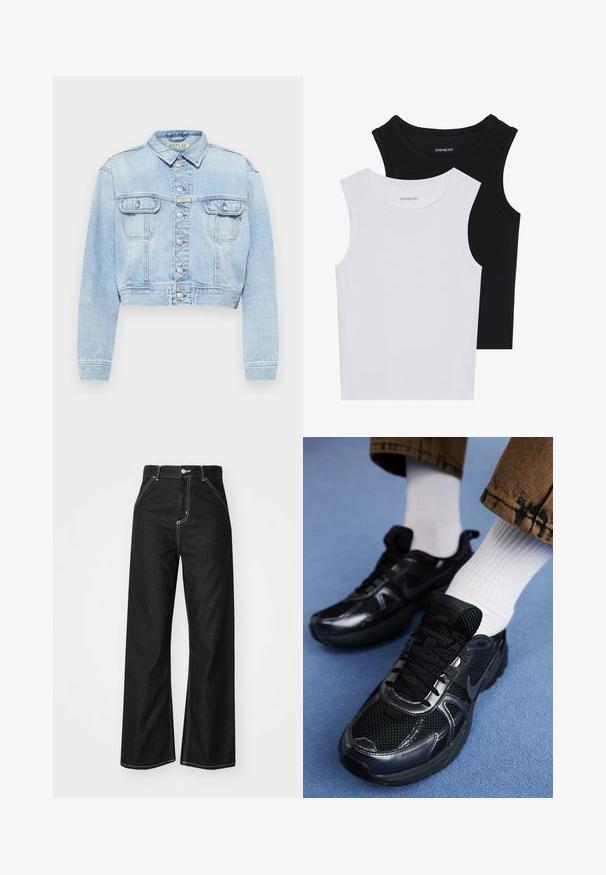 Vaaleansininen farkkutakki, jossa on lyhyt malli, kauluksen omaava kaula-aukko, nappikiinnitys ja kaksi rintataskua. Mukana vahvistettu saumaus ja kulunut viimeistely.; Kaksi hihattomaa toppia mustana ja valkoisena, valmistettu ribbikankaasta, jossa on pyöreät kaula-aukot ja tiukka muotoilu. Tunnisteet näkyvät molemmissa.; Mustat farkut, joissa on leveät lahkeet, kontrastivalkoiset tikkaus, korkea vyötärö, viisi taskua ja nappikiinnitys.; Musta Nike-urheilukengät, joissa on verkkopintaa kiiltävillä yksityiskohdilla, mustat nauhat ja teksturoitu pohja. Yhdistetty valkoisiin ribbipolkimiin.