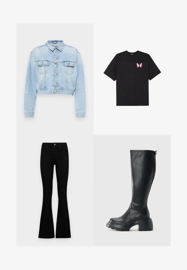 Jaqueta cropped em denim azul claro com gola, fecho de botão e dois bolsos no peito. Apresenta costuras reforçadas e um acabamento desgastado.; T-shirt de algodão preto com mangas curtas, apresentando um pequeno gráfico de borboleta rosa no lado esquerdo do peito. Design de gola redonda com um corte solto.; Jeans pretos de cintura alta com fecho de botão e zíper, bolsos frontais e pernas largas dispostos em cima de um fundo branco.; Bota preta de couro alta com sola de plataforma robusta e salto bloco, apresentando puxador e padrão texturizado na sola.