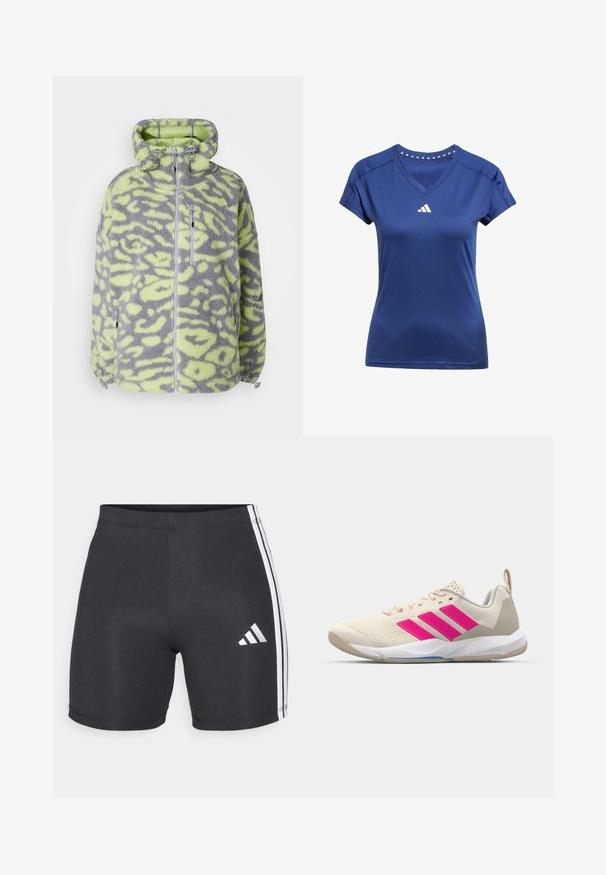 Casaco de fleece com padrão de leopardo cinza e limão, com fecho éclair à frente, gola alta e bainhas ajustáveis. Textura suave e formato oversized.; T-shirt atlético azul-marinho com decote em V, mangas curtas e um logótipo branco no peito. Apresenta acentos triangulares ao longo da gola.; Calções atléticos pretos feitos de tecido elástico, com riscas laterais brancas e um logótipo da Adidas na parte inferior da perna direita. Textura suave.; Sapata atlética bege com logotipo de três riscas cor-de-rosa, parte superior em malha texturizada, colarinho acolchoado e sola de borracha branca, apresentando a marca "LIGHTSTRIKE".