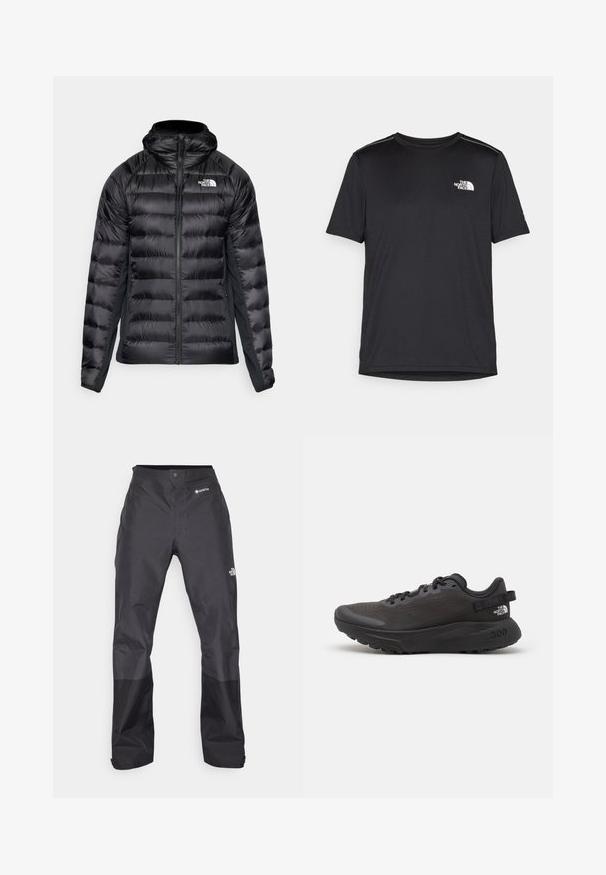 Črn puhovka z zadrgo spredaj in kapuco. Ima prešite dele in logo na levem prsnem delu. Raztegljivi stranski paneli za boljšo prileganje.; Črna kratkosleevena majica iz lahkotnega materiala. Ima majhen bel logo na levem prsnem delu in diskretne poudarke na ramenskem predelu.; Črne vodoodporne hlače z gladko teksturo, z logotipom GORE-TEX spredaj in okrepjenimi spodnjimi nogami za povečano vzdržljivost.; Črne športne copate z mrežastim zgornjim delom, oblazinjenim ovratnikom in gumijastim podplatom. Imajo teksturiran dizajn in blagovno znamko na peti. Lahka konstrukcija.