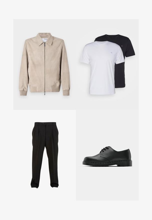 Beige suede jacket with a collared neck, front zipper, and ribbed cuffs. Features minimal stitching and two side pockets. Smooth texture.; Two cotton t-shirts in white and black, short-sleeved with round necks, featuring a small logo on the chest, smooth texture.; Black trousers with a smooth fabric, featuring front pleats, a button waistband, and tapered ankle cuffs. Classic tailored silhouette.; Black leather oxford shoe with lace-up design, rounded toe, flat rubber sole, and subtle stitching detail along the upper.