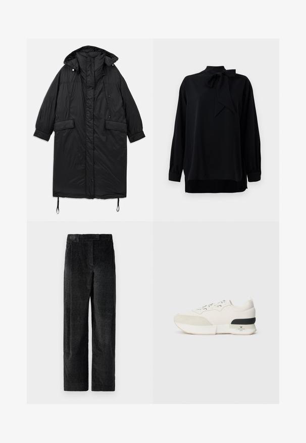 Crni, podstavljeni, dugi kaput s kapuljačom, zatvaranje na dugmad, dva prednja džepa i podesiva vezica na rubu. Glatka tekstura, lagani materijal.; Crna bluzica s visokim ovratnikom i detaljem u obliku mašne. Dugi rukavi s manžetama. Izrađena od glatkog materijala s opuštenim krojem.; Crne široke hlače s teksturom i naglašenim tkanjem, s prednjim nabora i ravnim pojasom. Klasičan dizajn za svestranost.; Bijela tenisica s teksturiranim nubuk prednjim dijelom, glatkim mrežastim gornjim dijelom, dekorativnim vezicama i crnim gumiranim akcentom na peti.