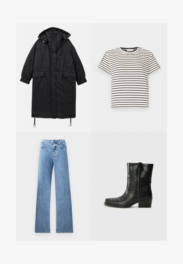 Černý, polstrovaný dlouhý kabát s kapucí, zapínání na knoflíky, dvě přední kapsy a nastavitelnou šňůrku na spodním lemu. Hladká textura, lehký materiál.; Bavlněné tričko s krátkým rukávem a kulatým výstřihem, s černými vertikálními pruhy na bílém pozadí a s rovného střihu.; Světle modré džíny s širokým střihem, pěti kapsami, poutky na opasek a zapínáním na knoflík. Látka má hladkou texturu.; Černá kožená kotníková bota s kulatou špičkou, blokovým podpatkem, bočním zipem a prošíváním na svršku. Hladký povrch, klasický design.