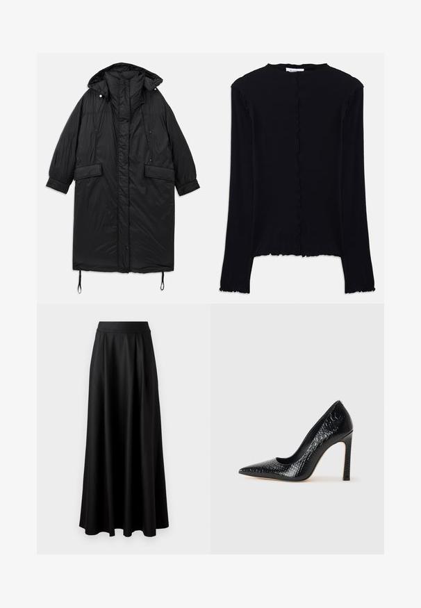 Zwarte, gewatteerde lange jas met een capuchon, knoopsluiting, twee voorzakken en een verstelbare trekkoord aan de onderkant. Gladde textuur, lichtgewicht materiaal.; Zwarte longsleeve top van zachte stof. Heeft een scalloped halslijn en zoom, met een eenvoudig, passend ontwerp. Geen extra versieringen.; Zwarte rok tot op de vloer met een gladde textuur, brede tailleband en geplooid ontwerp, zonder zichtbare patronen of versieringen.; Zwarte puntige hoge hak schoen met een krokodillenleren textuur, met een slank ontwerp, hoge stiletto-hak, en een gladde zwarte binnenkant.