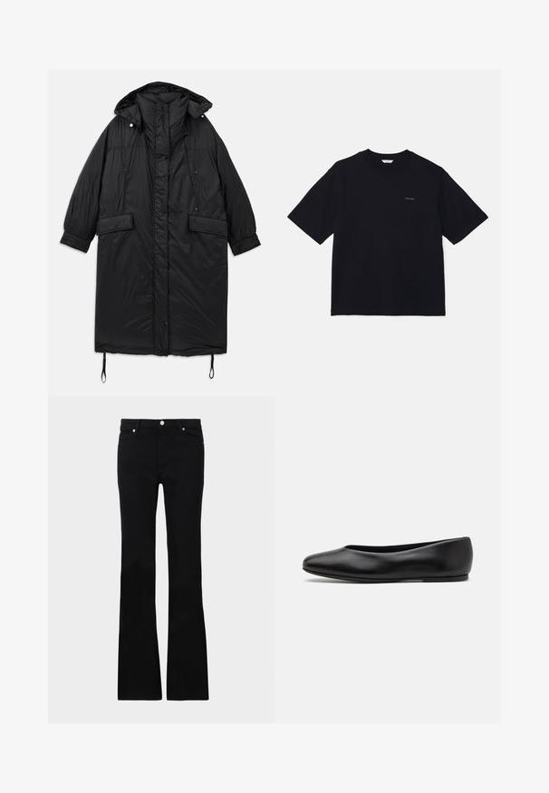Czarny, ocieplany, długi płaszcz z kapturem, z zapięciem na guziki, dwiema przednimi kieszeniami i regulowanym sznurkiem u dołu. Gładka tekstura, lekki materiał.; Czarny podkoszulek z krótkim rękawem z bawełny, z okrągłym dekoltem i małym logo po lewej stronie klatki piersiowej. Gładka tekstura i luźny krój.; Czarne dzwony z denimu, z dwoma przednimi kieszeniami, zapięciem na guzik i gładką fakturą. Widoczne charakterystyczne szycie na szwach.; Paul Smith TOPANGA czarny
