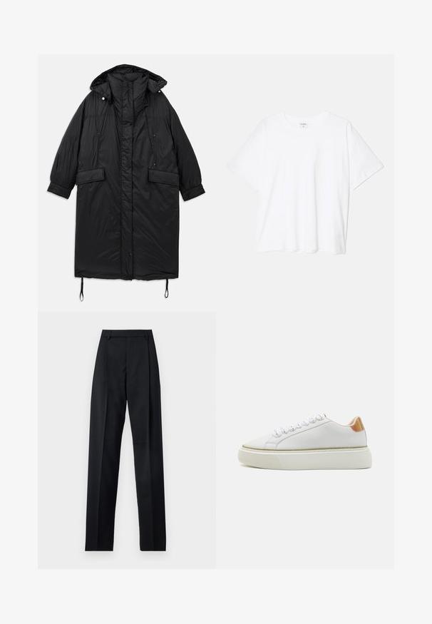 Fekete, párnázott, hosszú kabát kapucnival, gombos záródással, két elülső zsebbel és állítható húzózsinórral az alján. Simább textúrájú, könnyű anyag.; Fehér pamut póló rövid ujjal, kerek nyakkivágással, laza fazonnal és varrott szegéllyel. Címke látható a belső nyakrészén.; Fekete nadrág sima anyagból, magas derékkal, széles lábakkal, elülső redőkkel és klasszikus övhurkokkal. Oldalzsebek nem láthatók.; Fehér sportcipő sima bőrből készült felsőrésszel, bordázott gumitalppal, lekerekített orral és fényvisszaverő díszítéssel a sarkán.