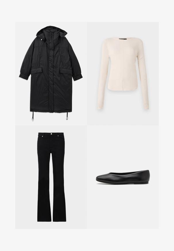 Musta, pehmustettu, pitkä takki hupulla, nappikiinnitys, kaksi etutaskua ja säädettävä nyöri helman kohdalla. Sileä pinta, kevyt materiaali.; Pitkähihainen, vaaleanbeige paita, jossa on pyöreä kaula-aukko. Valmistettu pehmeästä kankaasta, jossa on keskeinen sauma ja hieman kaareva helma. Ei näkyvää metalliosaa.; Mustat levenevät farkut, valmistettu denimi- materiaalista, varustettu kahdella etutaskulla, napin sulkimella ja sileällä pinnalla. Alussa näkyviä erityisompeleita.; Paul Smith TOPANGA - Ballerinat - black