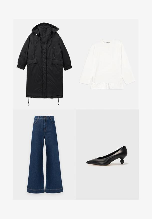 Fekete, párnázott, hosszú kabát kapucnival, gombos záródással, két elülső zsebbel és állítható húzózsinórral az alján. Simább textúrájú, könnyű anyag.; Fehér, hosszú ujjú felső, puha anyagból, fodros aljjal. A dizájn része a kerek nyakkivágás és a diszkrét márkajelzés a mellrészén.; Magas derekú, széles lábú kék farmernadrág, gombos záródással, övhurkokkal és diszkrét varrási részletekkel a zsebeknél és a szegélyeknél.; Fekete bőr magassarkú cipő, hegyes orral és kerek, gömbölyű sarokkal. Simább textúrával, elegáns, minimalista dizájnnal.