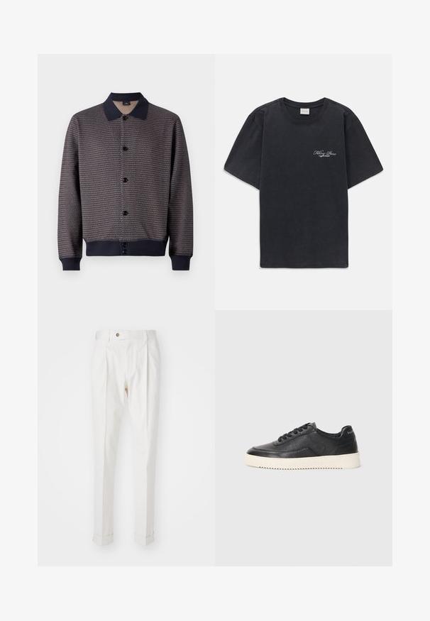 Jūras spēku raksta adītais kardigans ar melniem pogām un apkakli. Iezīmējas ar ribotām piedurknēm un apakšu, uzsverot teksturētu auduma detaļu.; Melna īsās piedurknes T-kreklā ar mazu balto "Filling Pieces" tekstu logotipu uz kreisā krūšu.; Baltas pielāgotas bikses ar gludu priekšpusi, divām krokām un ruļļotām piedurknēm. Izgatavotas no gludas auduma, ar pogu aizdari jostasvietā.; Melnas ādas sporta kurpes ar struktūru, apaļu purngalu un plakanu baltu gumijas zoli. Iezīmētas ar melnām šņorēm un zīmola logo uz papēža.