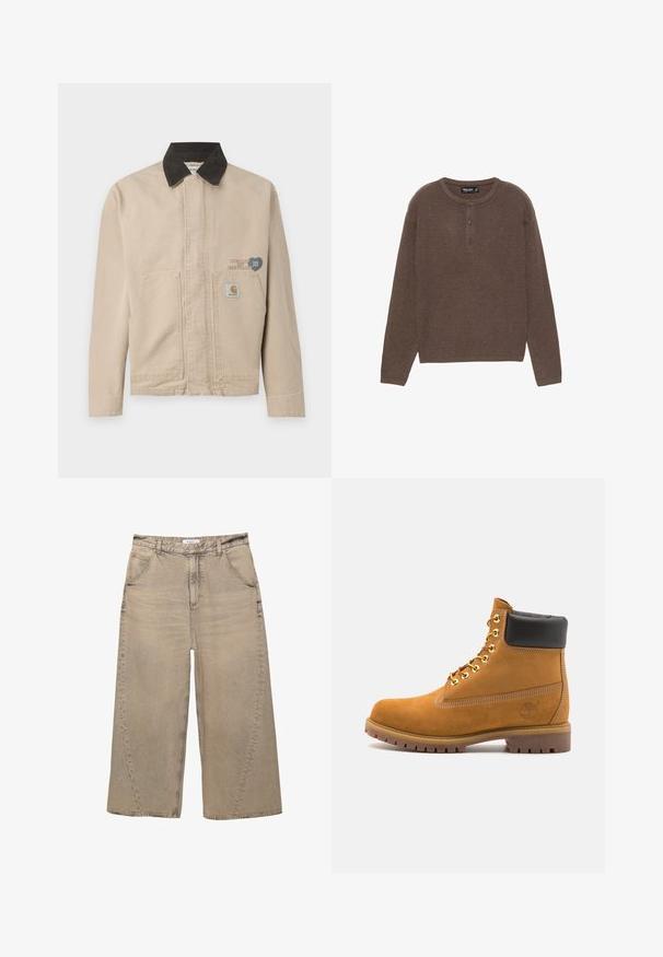 Beige canvasjacka med krage i svart manchester, med ett märke på vänster bröst och två framfickor. En enkel, strukturerad design.; Brun ribbad stickad långärmad tröja med rund halsringning och tre knappar i placket. Har rak skärning och mjuk textur.; PULL&BEAR MEGA BAGGY - Baggy jeans - light grey; Tan mockasins ankelstövlar med svart vadderad krage, guldmetallöglor, vit sömdekor och slitstöt gummisula med utmärkta mönster.