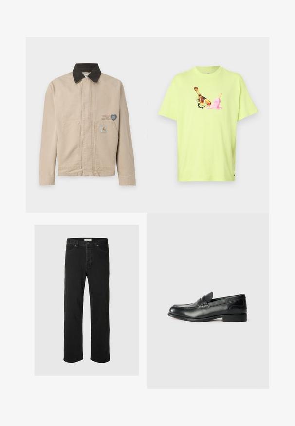 Chaqueta de lona beige con un cuello de pana negro, con un parche en el lado izquierdo del pecho y dos bolsillos frontales. Diseño simple y estructurado.; Camiseta de algodón verde lima con un gráfico de un pájaro y un cucurucho de helado rosa, con un sencillo cuello redondo y mangas cortas.; Los jeans rectos de mezclilla negra presentan un diseño clásico de cinco bolsillos con cierre de botón, costuras mínimas y una textura suave.; Mocasines de cuero negro con un acabado suave, detalles de costura en la parte delantera y un tacón ligeramente elevado.