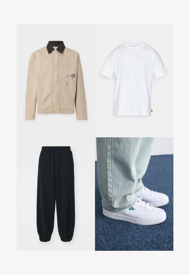 Beige vászon dzseki fekete kordbársony gallérral, bal mellet egy folttal és két elülső zsebbel. Egyszerű, strukturált dizájn.; Fehér pamut póló, rövid ujjakkal és kerek nyakkivágással. Jellemzője egy kis, diszkrét Nike logó a mellkason és egy oldalsó címke.; Fekete, rugalmas derékpántos melegítőnadrág, laza fit, véget érő szárakkal, sima textúrával, látható minták vagy hardver díszek nélkül.; Fehér bőr sportcipők zöld Nike logóval, kerek orral, lapos talppal, világoskék farmernadrággal párosítva, kék szőnyegen bemutatva.