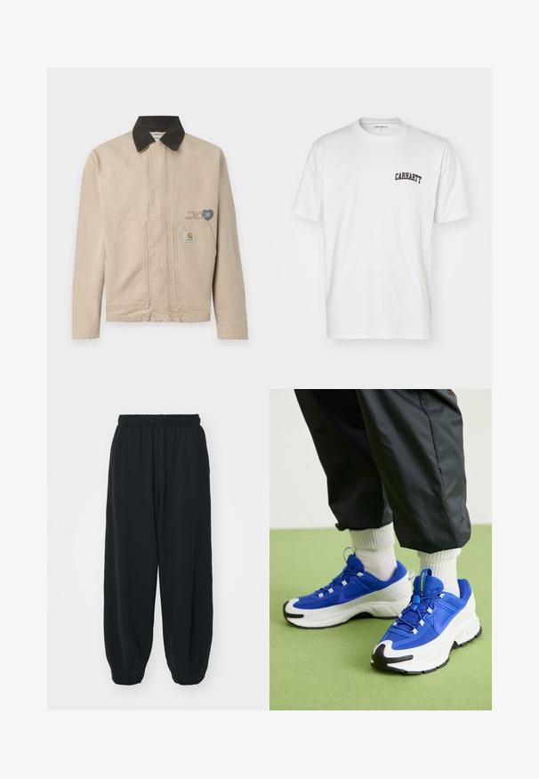 Beige kanvasjakke med sort kordfløyelskrage, med et merke på venstre bryst og to frontlommer. Enkelt, strukturert design.; Hvit bomulls T-skjorte med korte ermer og rund hals. Har en svart "Carhartt" logo trykt på den øvre venstre brystområdet.; Sorte, joggebukser med elastisk liv, løs passform, mansjetter på ankler, glatt tekstur og uten synlige mønstre eller hardware-detaljer.; Blå og hvite joggesko med teksturert stoff, fremtredende gummisåle og svarte aksenter. Har snøring og en dempende design.