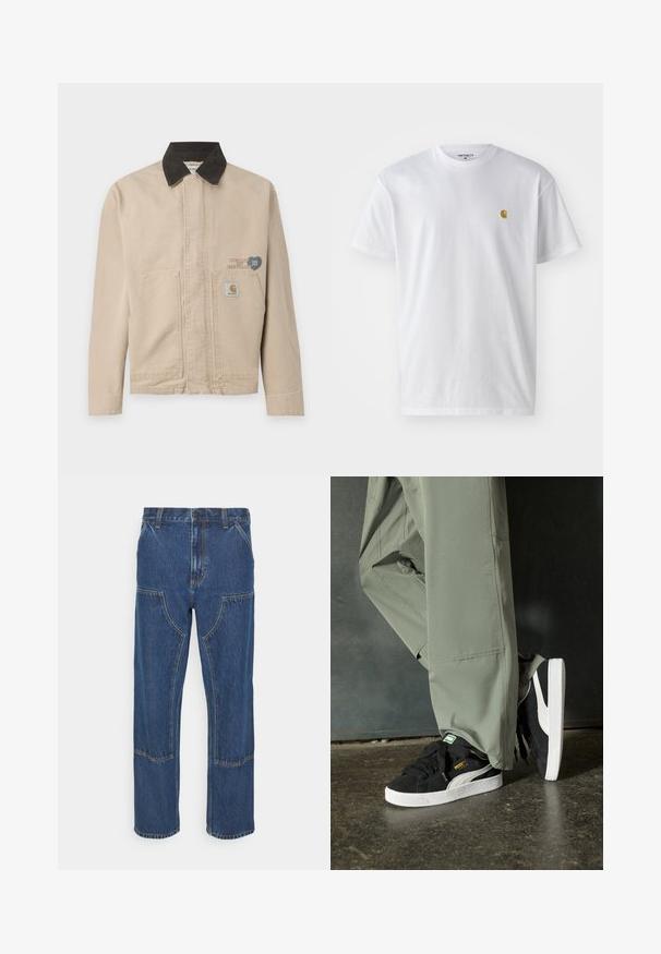 Veste en toile beige avec un col en velours côtelé noir, ornée d'un patch sur la poitrine gauche et de deux poches avant. Design simple et structuré.; T-shirt en coton blanc à manches courtes, col rond, avec un petit logo doré sur la poitrine gauche. Texture douce et coupe régulière.; Jean en denim bleu avec une coupe droite, poches avant à patch et coutures contrastées. Le tissu a une texture et une finition classiques.; Baskets en daim noir avec des semelles en caoutchouc blanc et des rayures sur les côtés, associées à un pantalon cargo vert clair, posées sur une surface sombre texturée.