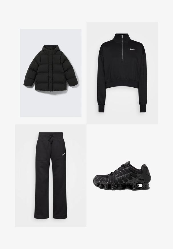 Black padded puffer jacket with a hood, featuring a boxy shape, quilted design, and front zipper closure. Textured fabric with horizontal stripes.; Black cropped sweatshirt with a high collar, half-zip closure, ribbed cuffs, and a small white Nike logo on the left chest. Soft fabric texture.; Black sweatpants made of cotton blend, featuring a drawstring waistband, straight legs, and a white Nike logo on the left side.; Black athletic shoe with mesh upper and glossy overlays. Features curved coil cushioning and textured lines on the side. Nike logo visible.