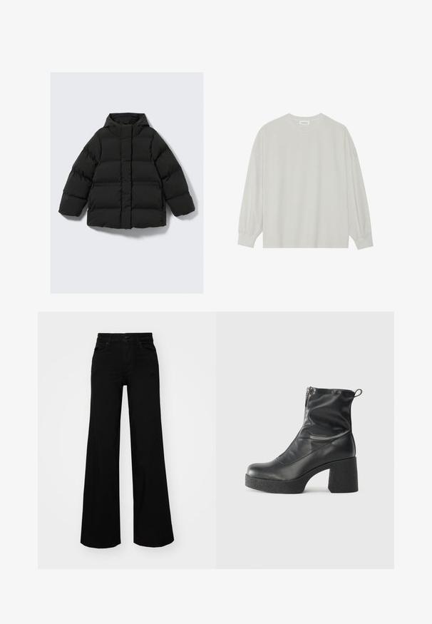 Juodas paminkštintas pūkinis švarkas su gobtuvu, turintis dėžutės formą, siuvinėtas dizainas ir priekinis užtrauktukas. Tekstūruota medžiaga su horizontaliomis juostelėmis.; Šviesiai pilkas ilgomis rankovėmis marškinėliai, pagaminti iš minkštos medvilnės. Sukurtas laisvam prigludimui, apvaliu iškirpimu ir švelniai susigūžusiomis rankovėmis. Be raštų ar piešinių.; Juodos plačios kelnės iš denimo, turinčios struktūruotą juosmenį, diržo kilpas ir priekines kišenes. Lygus paviršius su klasikinio dizaino elementais.; Juodos kulkšninių botai, pagaminti iš lygaus odos, su šoniniu užtrauktuku, masyviu tekstūruotu kulnu ir apvaliu pirštu.