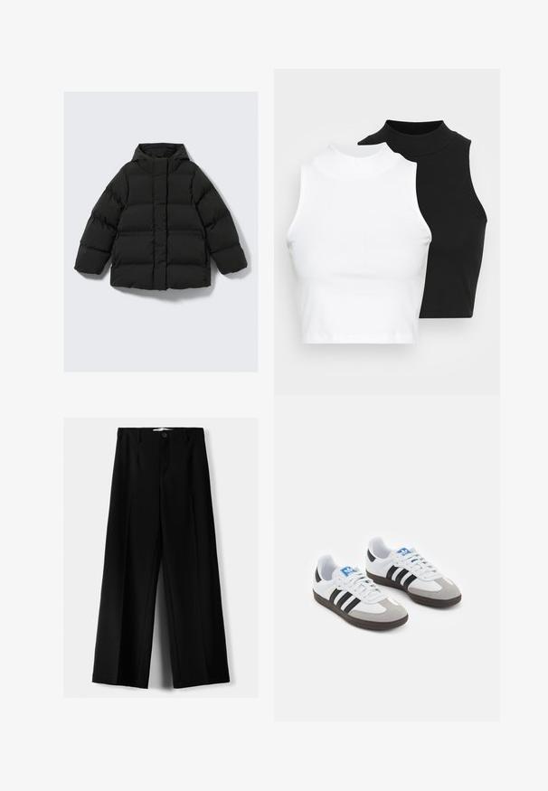 Jachetă puffer neagră, căptușită, cu glugă, având o formă pătrată, design matlasat și închidere cu fermoar frontal. Material texturat cu dungi orizontale.; Două bluze fără mâneci, cu guler înalt, în culorile negru și alb, având un design ajustat și o textură netedă, cu o lungime scurtă.; Pantaloni negri cu picior larg, fabricați dintr-un material ușor, cu închidere frontală cu nasture și față plată, având tivuri cusute cu atenție.; Încălțăminte sport cu un superior din piele albă, vârf din suede gri și trei dungi negre. Prezintă un logo albastru pe limbă și o talpă din cauciuc texturat.