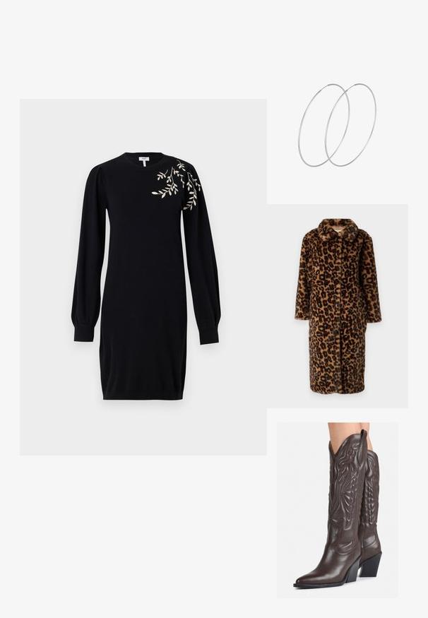 Mantil od umjetnog krzna u leopardskom uzorku s reverima i dugim rukavima; ima zatvaranje na gumbe i plišastu teksturu u smeškim i crnim nijansama.; Object OBJTHESS - Haljina s naramenicama - black; Smeđe kožne kauboj čizme s šiljastim vrhom i blok-potpeticom, s detaljno izvezenim šavovima i uzdignutim naglascima na okovu.; Srebrne okrugle naušnice s minimalističkim dizajnom. Kružni oblik, glatka tekstura i tanak profil. Lagane s poliranim završetkom.