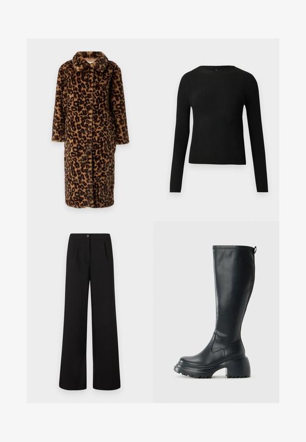 Leoparda raksta mākslīgā kažokādas mētelis ar izgrieztu apkakli un garām piedurknēm; tam ir pogu aizdare un mīksta tekstūra brūnā un melnā krāsā.; Melna, ribota, garām piedurknēm pieguļoša džemperis ar apaļu kakla izgriezumu, izlikta pret vienkāršu gaišu fonu.; Melni augstais viduklis plašie bikses ar priekšējo pogu un rāvējslēdzēju, ar nelieliem krokām zem jostasvietas.; Augstas melnas ādas zābakus ar masīvu platformu un bloka papēdi, ar vilkšanas cilpu un strukturētu profilu uz ārējā zoles.