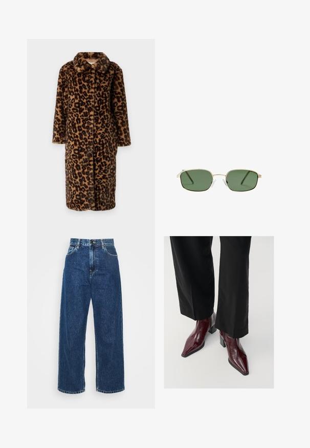 Leopardmönstrad fuskpälsjacka med utskuren krage och långa ärmar; har en knäppning fram och en mjuk textur i bruna och svarta nyanser.; Vit långärmad blus i slät tyg, med en knytning vid halsen och skräddarsydda manschetter. Enkel, klassisk design utan mönster.; Ljusblå denim byxor med vida ben och hög midja, synlig sömnad och standardfickor. Har en knapp- och dragkedjestängning.; Burgundy patenterade läderstövlar med spetsig tå, kraftig klack och texturerad yta, kombinerade med svarta vida byxor.; Sunglasses med en guldig metallram, gröna linser, rektangulär form och klara plast näskuddar. Tunn, slank båge med minimal design.; Burgunderfärgad läderhandväska med en böjd form, guldhardware och en strukturerad yta. Har ett dragkedjestängning och justerbar rem.
