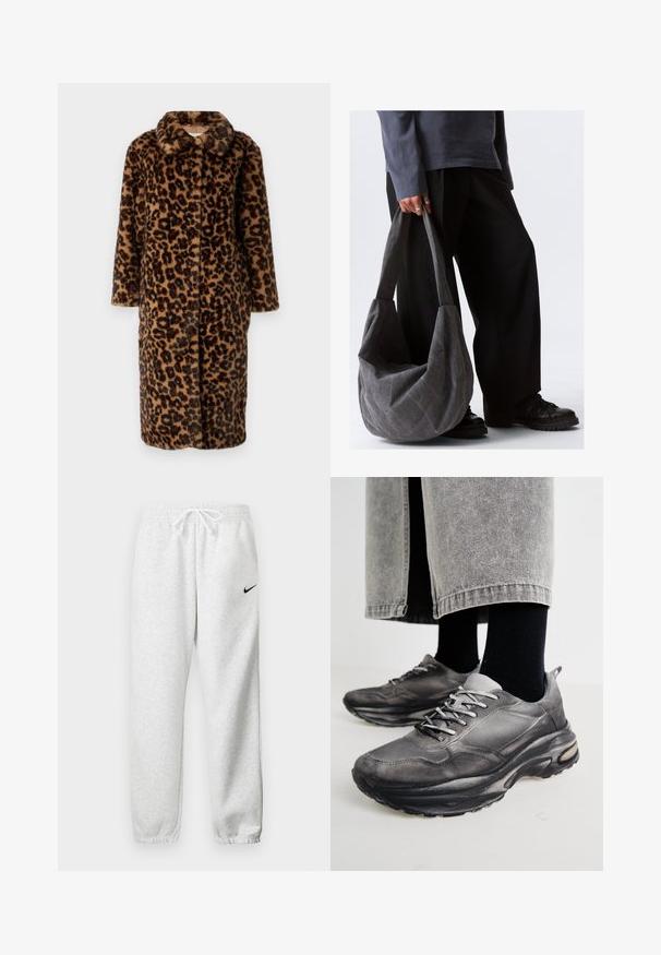 Abrigo de piel sintética con estampado de leopardo, cuello con muesca y mangas largas; presenta un cierre de botón y una textura aterciopelada en tonos marrones y negros.; Camiseta cortada de color crema hecha de algodón. Presenta un logo bordado en rosa que dice "Nike Sportwear". Mangas cortas y un escote redondo.; Sudadera gris de felpa suave, con una cinturilla elástica y cordón, y un pequeño logo negro de Nike en el muslo izquierdo.; Las zapatillas deportivas en negro y gris cuentan con una parte superior de malla, suelas gruesas y cordones. Tienen una punta redondeada y un detalle de amortiguación visible.; Bolso de hombro de tela gris con una forma relajada, con textura suave y correas anchas. El bolso es sostenido por una persona que lleva pantalones oscuros.