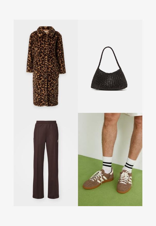 Manteau en fausse fourrure à motif léopard avec un col en V et des manches longues ; il est doté d'une fermeture par bouton et d'une texture moelleuse dans des teintes de brun et de noir.; Haut en coton noir à manches longues avec un décolleté bateau et une coupe ajustée. Texture lisse avec un subtil éclat, sans motifs ni accents distincts.; Pantalons de sport marron avec une taille élastique, deux poches latérales et un petit logo sur le côté gauche, fabriqués à partir d'un tissu doux.; Baskets en daim marron avec des accents et des lacets blancs. Semelle en caoutchouc gomme. Portées avec des chaussettes blanches à rayures noires. Sol texturé vert.; DRAGON DIFFUSION ROSANNA - Sac à main - dark brown