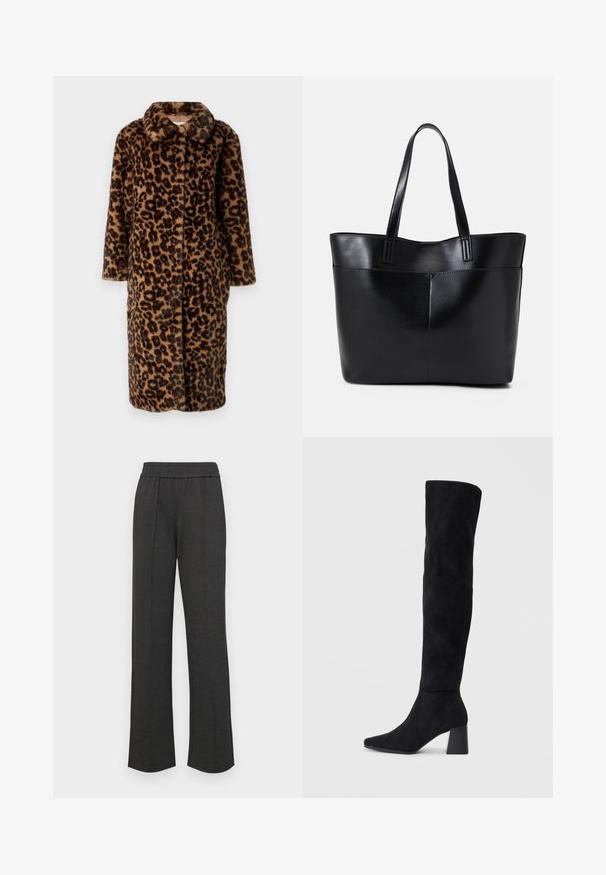 Leopardenmuster-Faux-Fur-Mantel mit Reverskragen und langen Ärmeln; verfügt über eine Knopfschließe und eine plüschige Textur in Braun- und Schwarztönen.; Zwei ärmellose Oberteile in Schwarz und Weiß. Hergestellt aus weichem, dehnbarem Stoff mit ribbeliger Textur und körpernahem Schnitt. Mit schmalen Trägern ausgestattet.; Schwarze gerade geschnittene Hose mit elastischem Bund, vorderen Falten, weichem Stoff und ohne sichtbare Muster oder Hardware-Details.; Schwarze Wildleder-Stiefel bis zum Knie mit Blockabsatz, spitzer Zehe und glattem, nahtlosem Design auf einem schlichten, hellen Hintergrund.; Schwarze Leder-Shopper-Tasche mit zwei langen Griffen, einer glatten Textur und einer strukturierten Form. Verfügt über eine Vordertasche für zusätzlichen Stauraum.