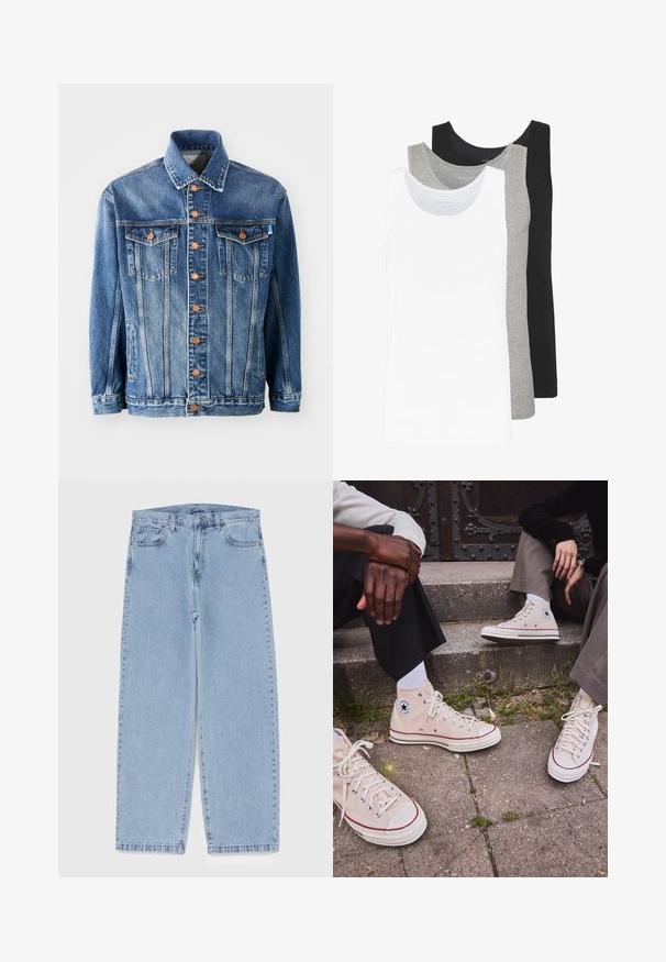 Traper jakna u srednje plavoj boji s klasičnim krojem. Sadrži dugmad u bakarnom tonu, dvije prsne džepove i ovratnik.; Tri majice bez rukava u bijeloj, sivoj i crnoj boji. Svaka ima klasičan dizajn bez rukava, izrađena je od lagane pamučne tkanine s rebrastom teksturom.; Svijetloplave traperice s ravnim nogavicama, sa srednjim strukom, pet džepova i zatvaranjem na dugme i patentni zatvarač.; Bež visoke platnene tenisice s crvenom prugom, bijelim gumenim potplatom i metalnim rupicama, s poznatim logom zvijezde sa strane.