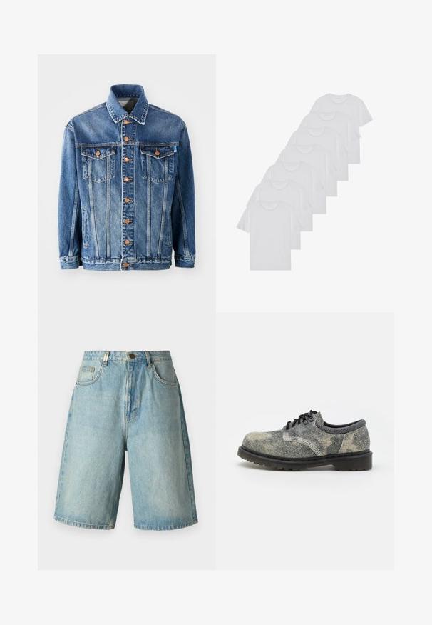 Jeans jakna v srednji modri barvi s klasičnim krojem. Ponuja gumbe v bakrovem tonu, dva žepa na prsih in ovratnik.; Beli bombažni T-majici, kratki rokavi, krožni izrez, enostavna tekstura, zloženi v vrsto, s subtilnim logotipom na vratu.; Svetlo modri denim šortsi z udobnim krojem, ki imajo sprednje žepke, zapiranje na gumb ter zbledel videz z diskretno whiskering obdelavo.; Čevlji z vezalkami, izdelani iz teksturiranega sivega blaga z črnimi detajli, debelim gumijastim podplatom in belimi šivi. Oblika zaobljenega nosu.